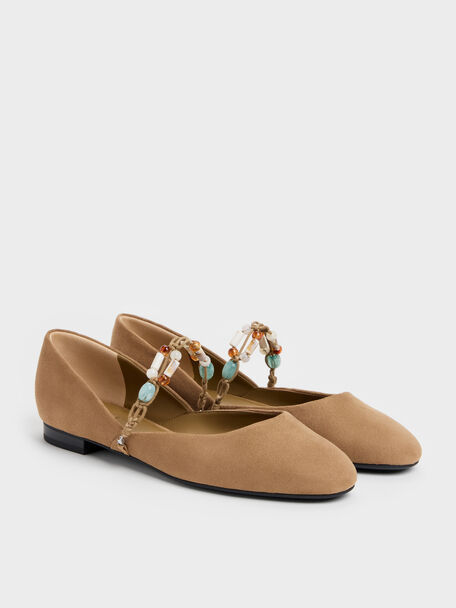 Franca Faux Suede Beaded-Strap Mary Janes, Sand, hi-res