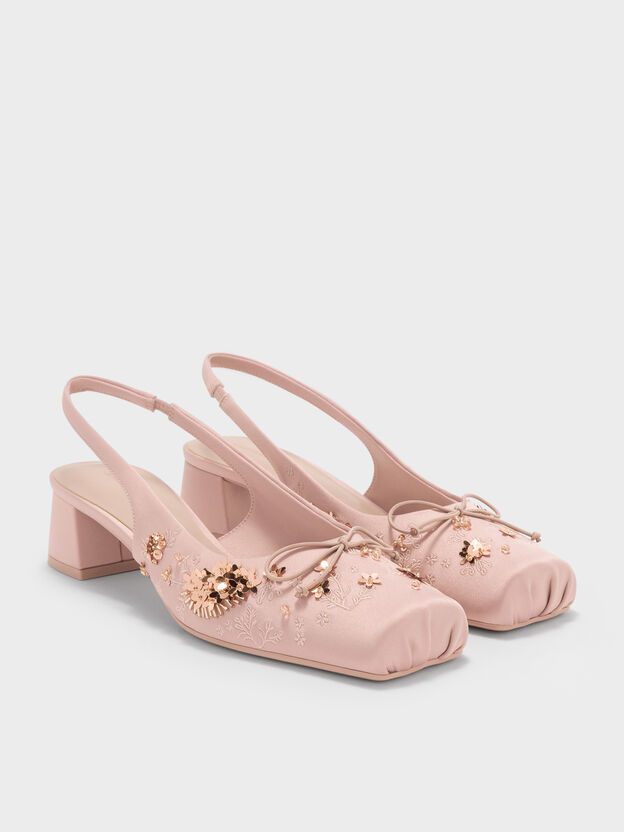 Sadira Satin Embroidered Sequinned Slingback Pumps, Light Pink, hi-res