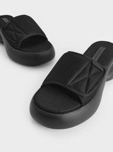 Mesh Platform Sporty Slide Sandals, Black Textured, hi-res