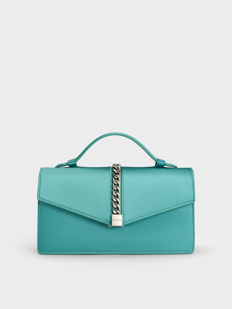 Taisia Satin Chain-Strap Envelope Bag, Teal, hi-res