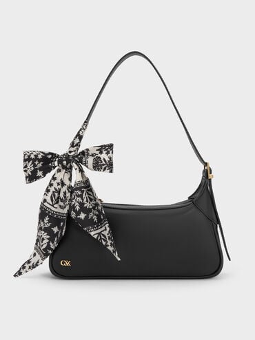 Cerese Leather Scarf-Handle Shoulder Bag, Black, hi-res