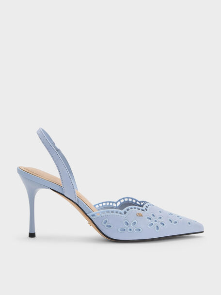 Leather Embroidered Pointed Slingback Pumps, Light Blue, hi-res