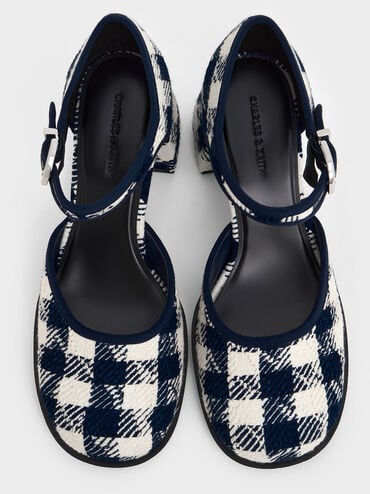 Checkered Block-Heel Ankle-Strap D'Orsay Pumps, Dark Blue, hi-res