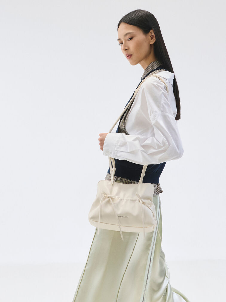 Reese Ruched Bow Shoulder Bag, Cream, hi-res