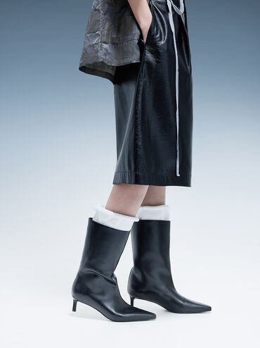 Elongated Square-Toe Kitten-Heel Calf Boots, Black, hi-res