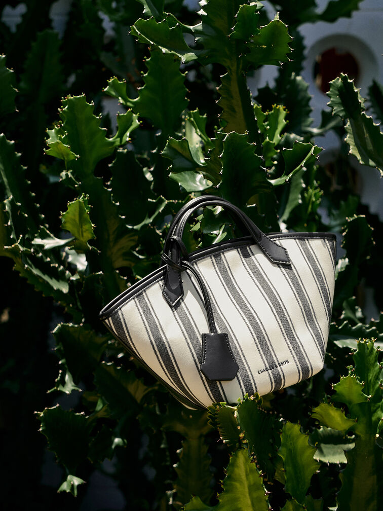 Mini Ivanna Canvas Striped Tote Bag, Noir, hi-res