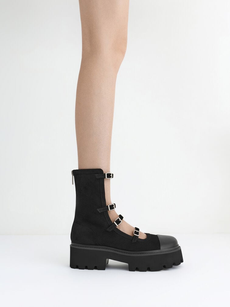 Celia Faux Suede Buckled Multi-Strap Chunky Calf Boots, Black Textured, hi-res