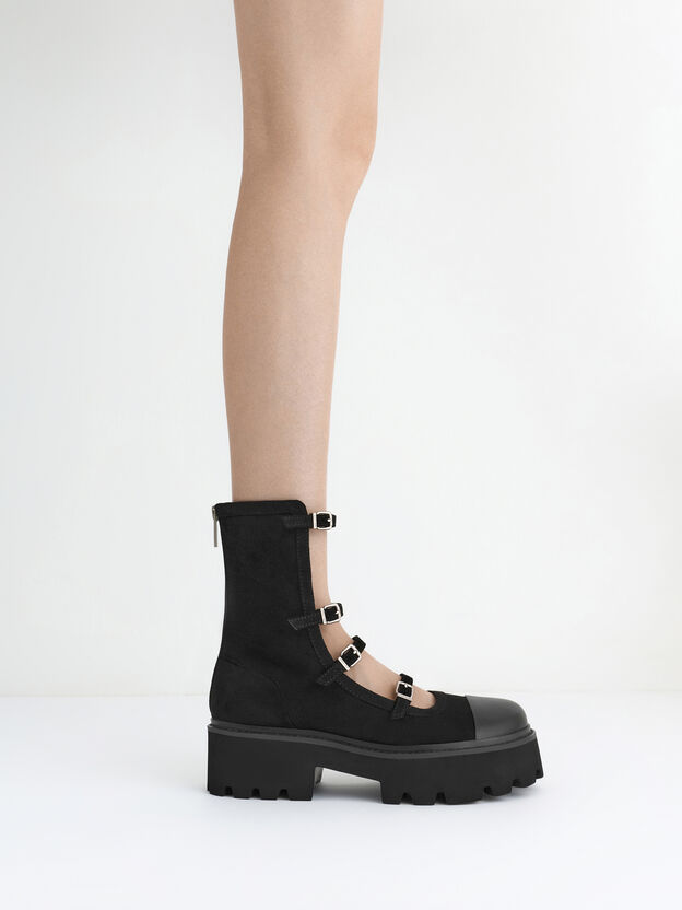 Celia Faux Suede Multi-Strap Calf Boots, Black Textured, hi-res
