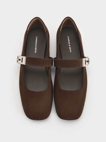 Lando Faux Suede Metallic-Buckle Mary Jane Flats, Dark Brown Textured, hi-res
