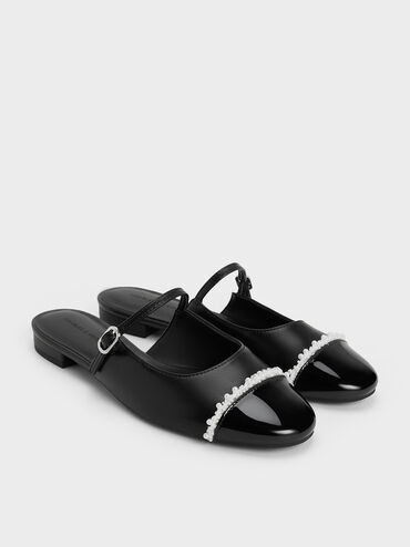 Pearl-Embellished Cap-Toe Flat Mules, Black, hi-res