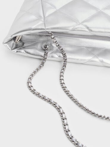 Apfra Metallic Quilted Chain-Handle Tote Bag, Silver, hi-res