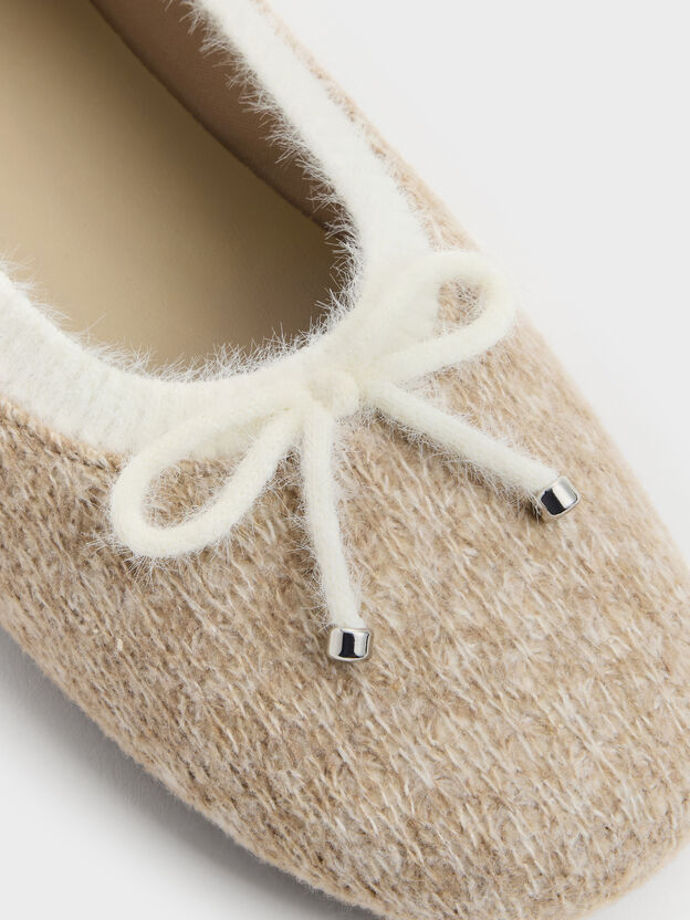 Two-Tone Knitted Bow Ballet Flats, Beige, hi-res