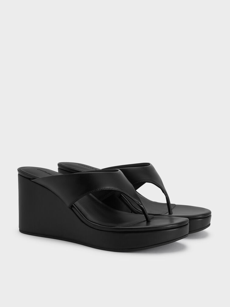Thong Platform Wedges, Black, hi-res