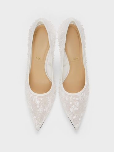 Kyra Embroidered-Mesh Stiletto Pumps, White, hi-res