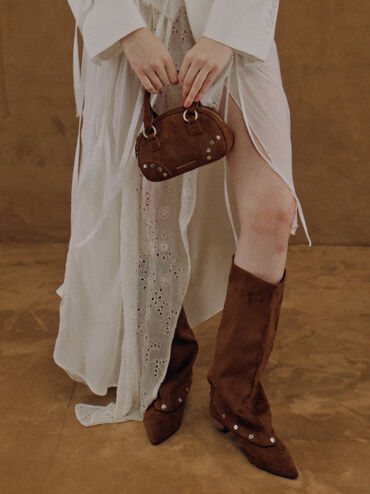 Bobbie Recycled Suede Studded Top Handle Bag, Sienna Brown, hi-res