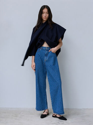 Faux Suede Metallic-Accent Square-Toe Slingback Flats, Black Textured, hi-res