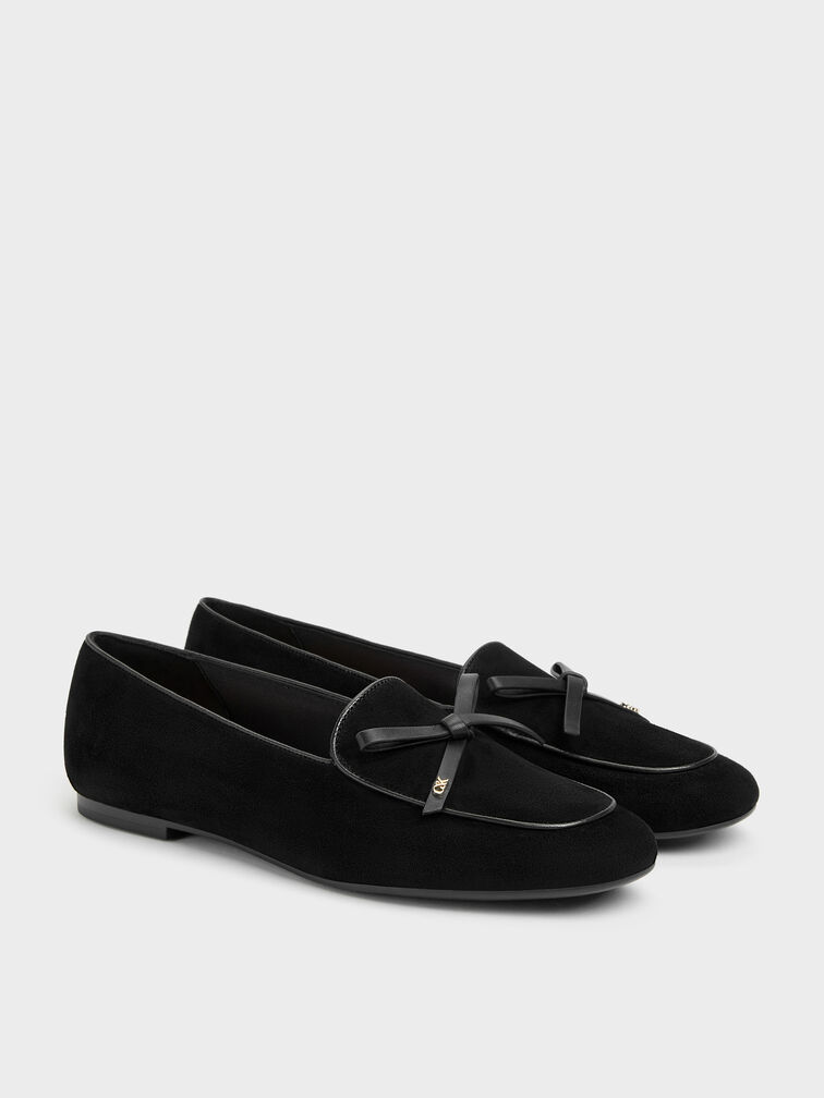 Leather & Suede Bow Loafers, Black Textured, hi-res