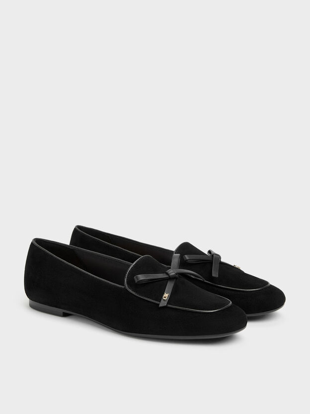 Leather & Suede Bow Loafers, Black Textured, hi-res
