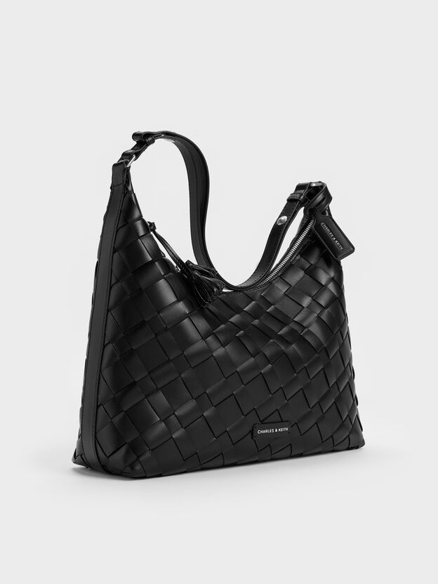 Ivette Woven Tassel Hobo Bag, Noir, hi-res