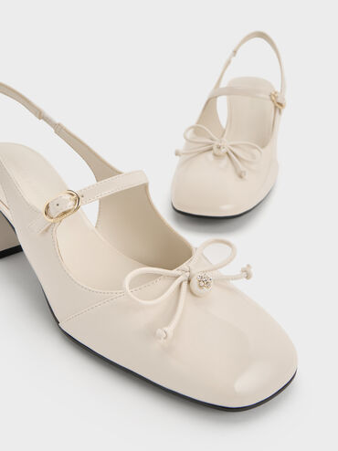 Patent Bow Crystal-Pearl Slingback Mary Jane Pumps, Chalk, hi-res