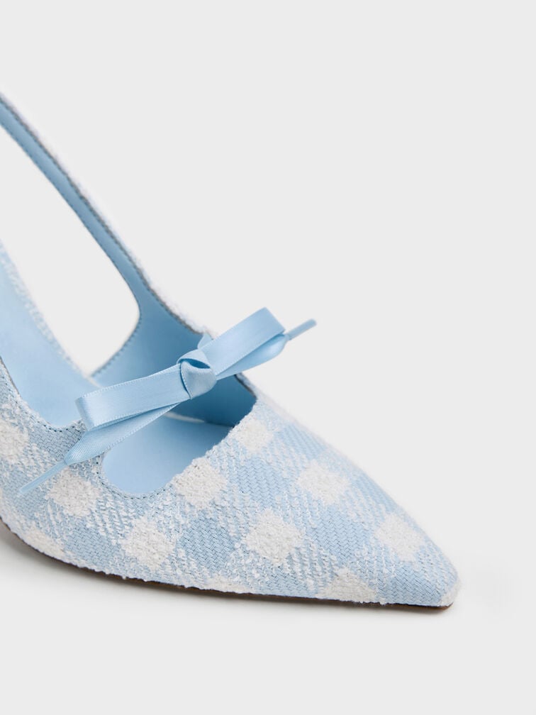 Venetia Gingham Bow Pointed-Toe Slingback Pumps, Light Blue, hi-res