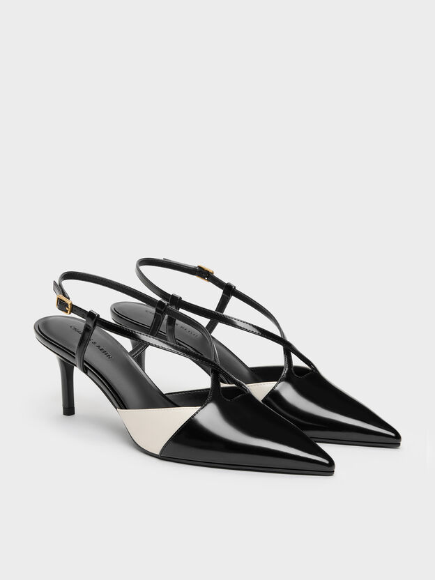 Two-Tone Pointed Slingback Pumps, Black Box, hi-res