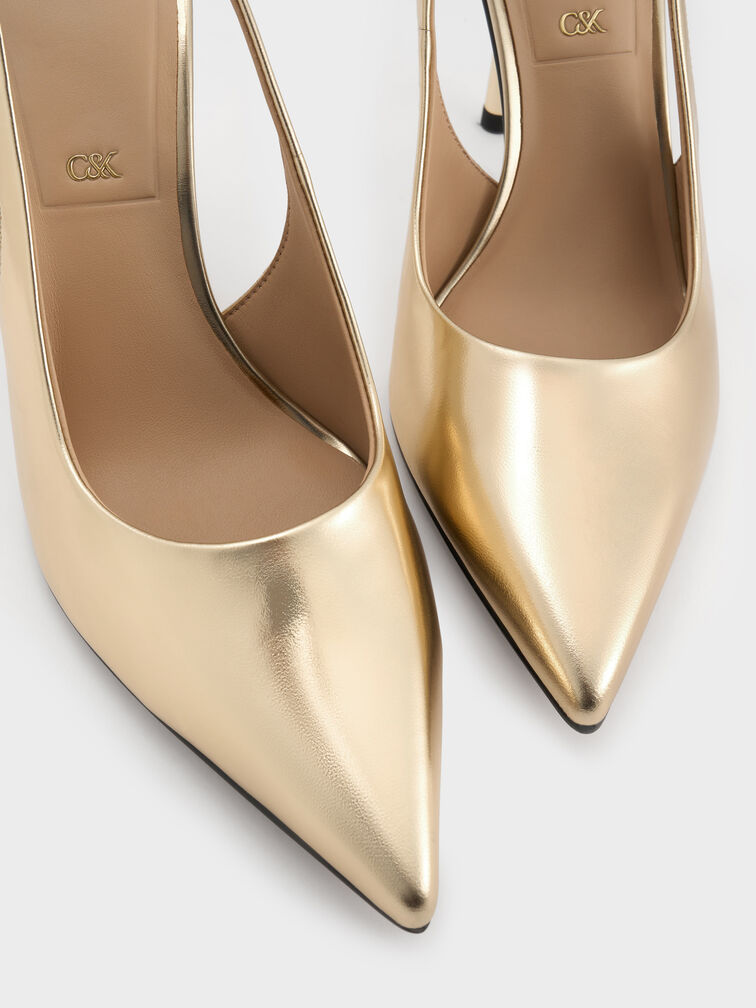Metallic Leather Slingback Stiletto Pumps, Gold, hi-res