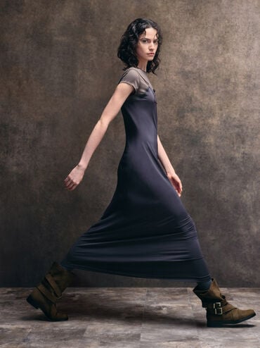 Brett Faux Suede Buckle-Strap Calf Boots, Dark Brown Textured, hi-res