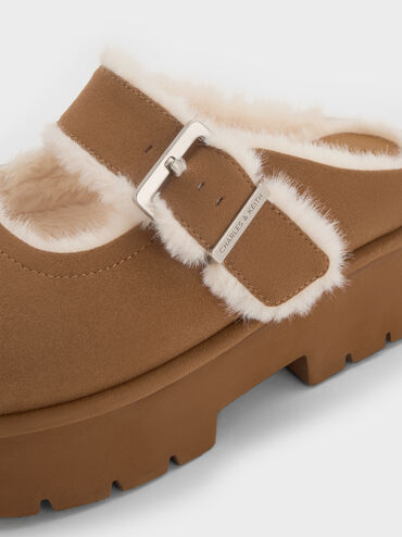 Bergen Textured Fur-Trim Buckled Platform Mules, Brown, hi-res