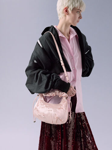 Satin Bow Ruched-Handle Bag, Baby Pink, hi-res