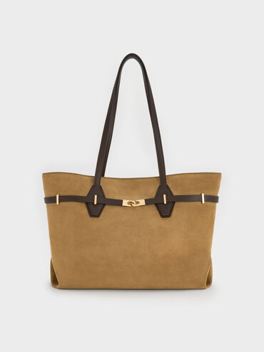 Arlet Recycled Suede Double-Handle Belted Tote Bag, Sahara Sand, hi-res
