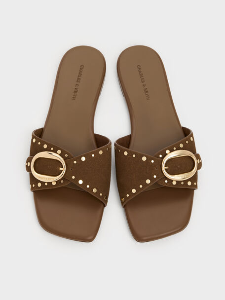 Studded Buckled Slide Sandals, Brown, hi-res