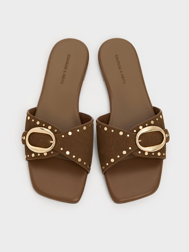 Studded Buckled Slide Sandals, Brown, hi-res