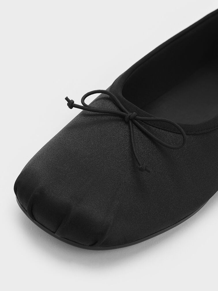 Satin Bow Ballet Flats, Black Textured, hi-res