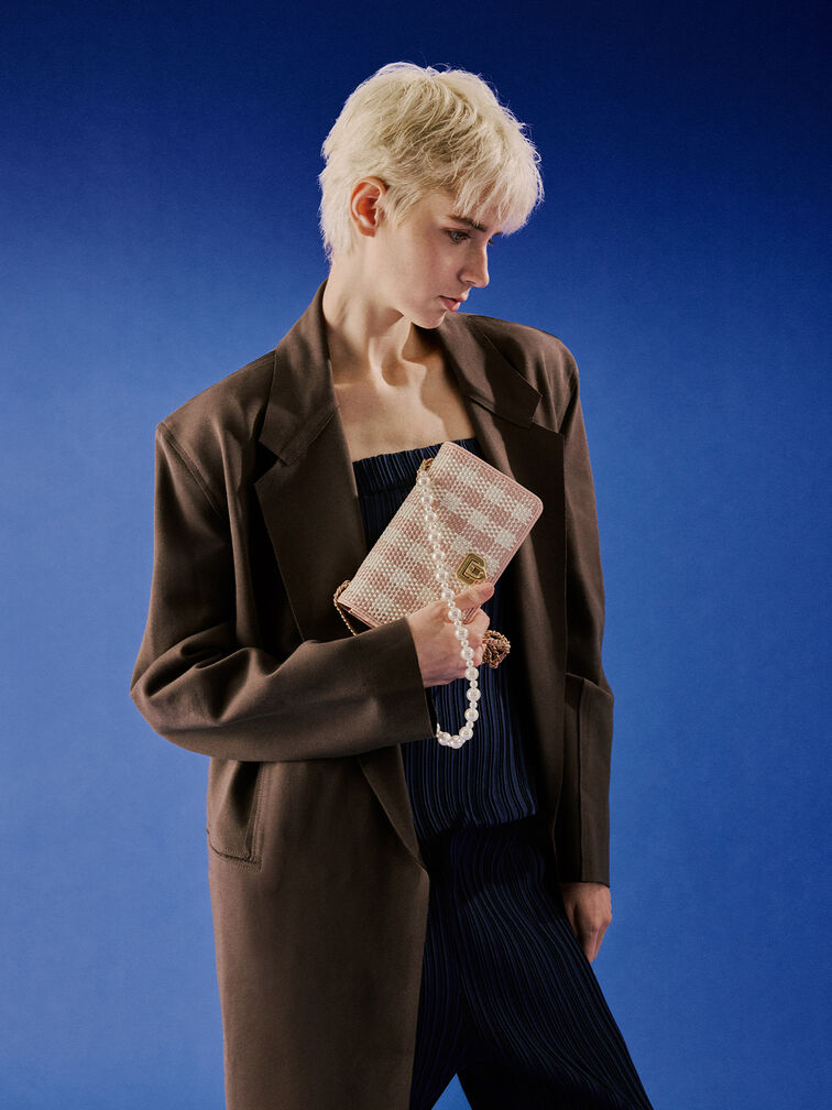 Alessia Checkered Pearl-Embellished Wallet on Chain, Light Pink, hi-res