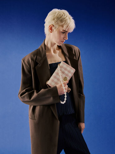 Alessia Checkered Pearl-Embellished Wallet on Chain, Light Pink, hi-res