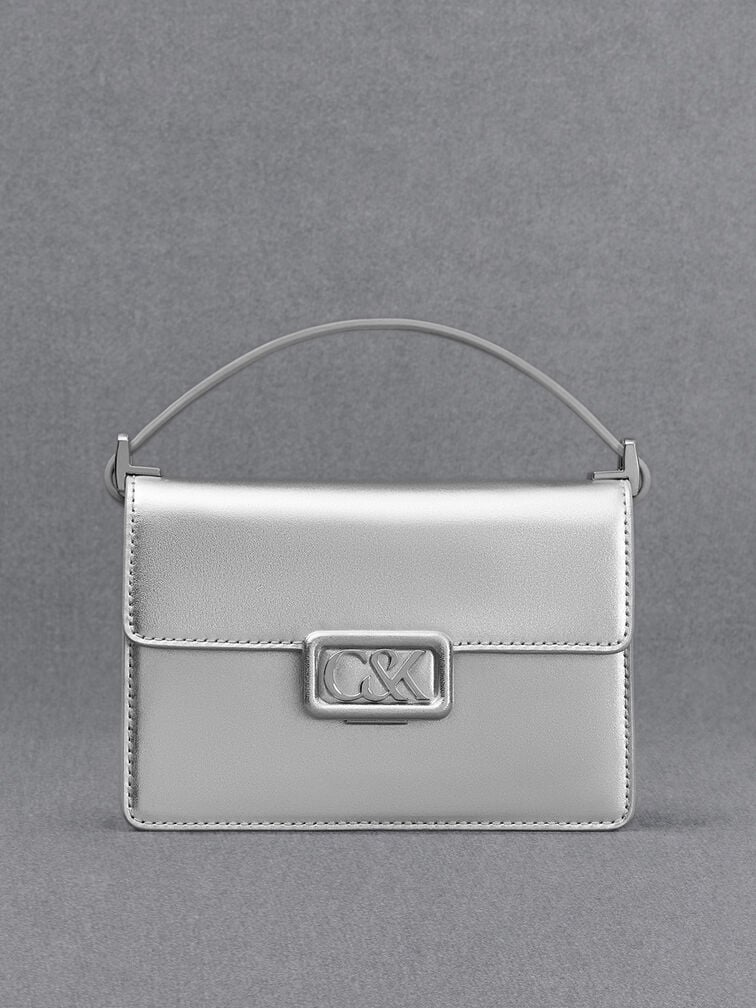 Leather Metallic Boxy Bag, Silver Leather Metallic Boxy Bag, Silver, hi-res