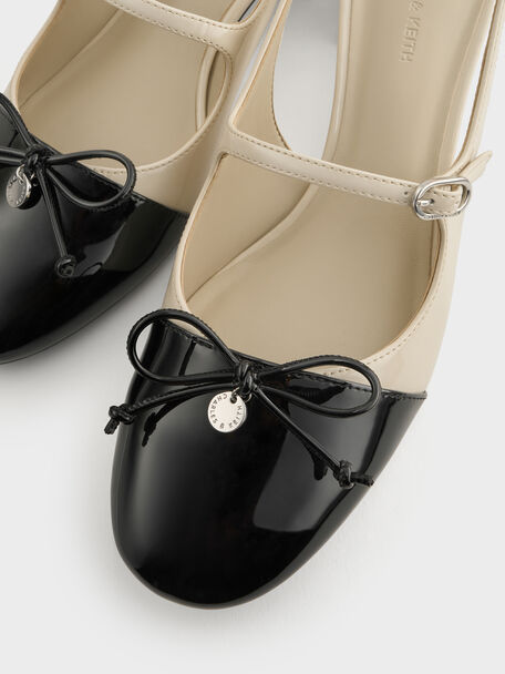 Two-Tone Patent Bow Slingback Pumps, Chalk, hi-res