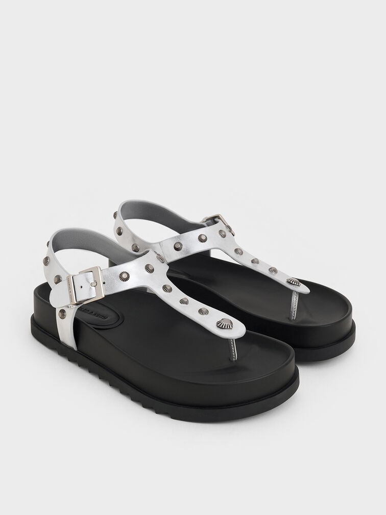 Metallic Studded Heart-Embellished Thong Sandals, Silver, hi-res