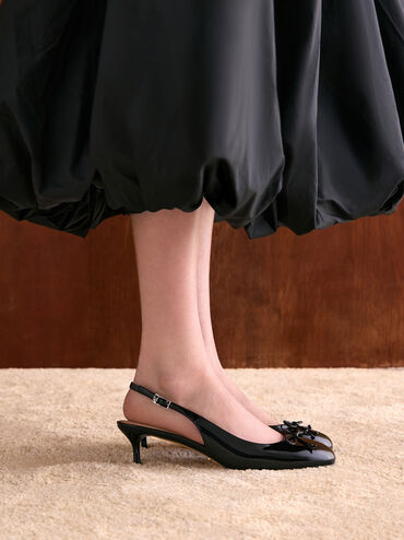 Aretha Patent Leather Bow Slingback Kitten Heels, Black Patent, hi-res