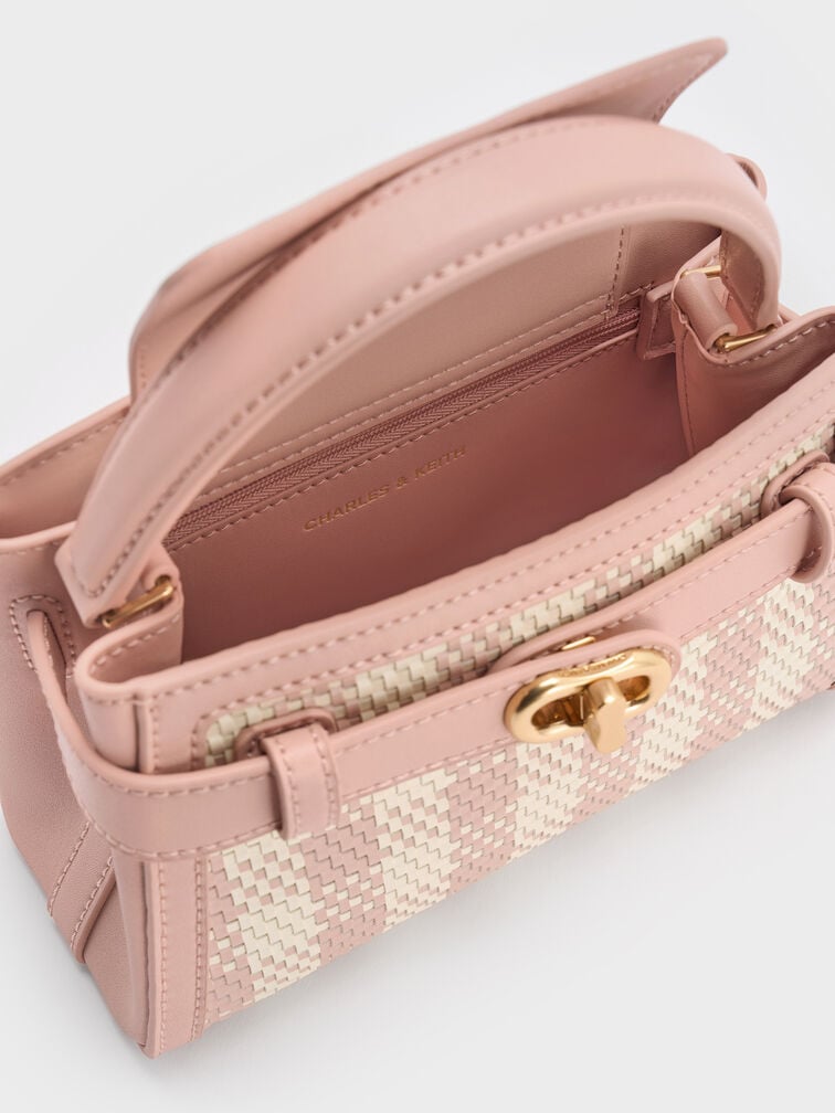 Aubrielle Checkered BeltedTop Handle Bag, Light Pink, hi-res