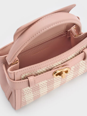 Aubrielle Checkered BeltedTop Handle Bag, Light Pink, hi-res