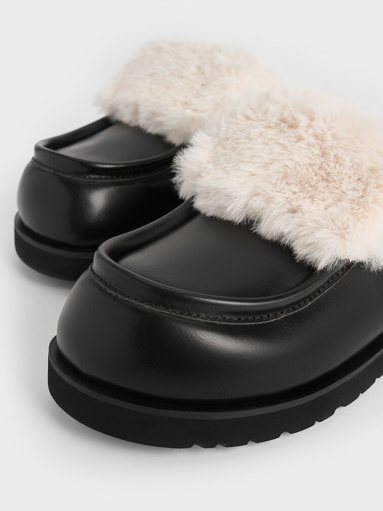 Fur-Trim Flatform Mules, Black, hi-res