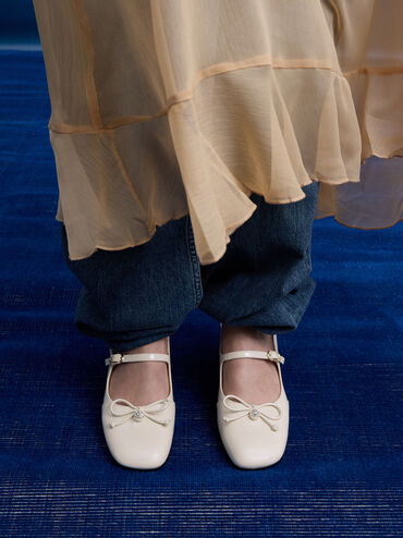 Patent Bow Crystal-Pearl Slingback Mary Jane Pumps, Chalk, hi-res