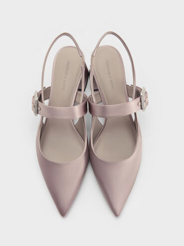 Satin Crystal-Buckle Block-Heel Slingback Pumps, Mauve, hi-res