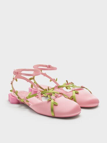 Floral-Vine Ankle-Strap Flats, Pink, hi-res