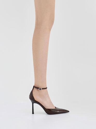 Croc-Effect Pointed Ankle-Strap D'Orsay Pumps, Animal Print Brown, hi-res