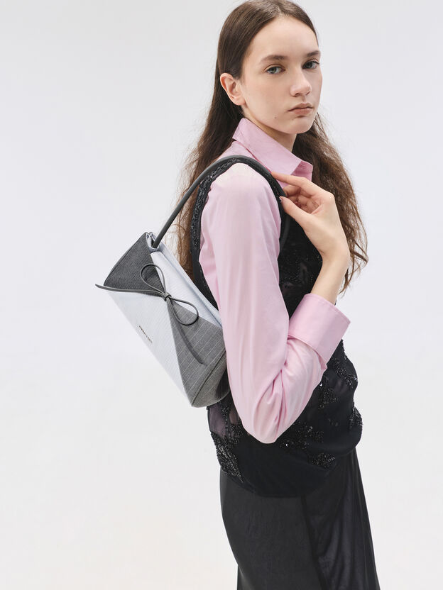Hazel Striped Bow Panelled Shoulder Bag, Grey, hi-res