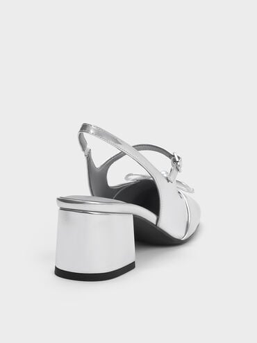 Metallic Bow Crystal-Pearl Slingback Mary Jane Pumps, Silver, hi-res