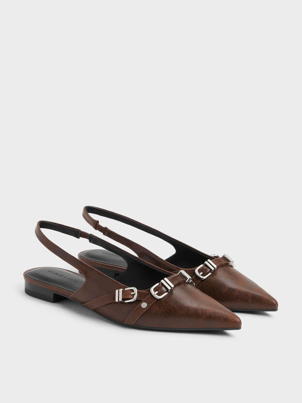 Aira Buckled-Strap Slingback Flats, Dark Brown, hi-res